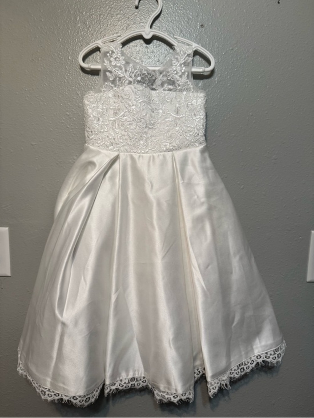 JJs House White Lace Bodice Satin Skirt Flower Girl Dress